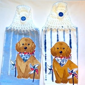 Hand Crafted Crochet Top Patriotic Pup Hanging Kitchen or Bathroom Hand Towels